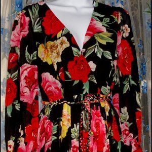 New Exquisite Floral Womens MAXI PLEATED BELTED DRESS Sz S BLACK MULTICOLOR